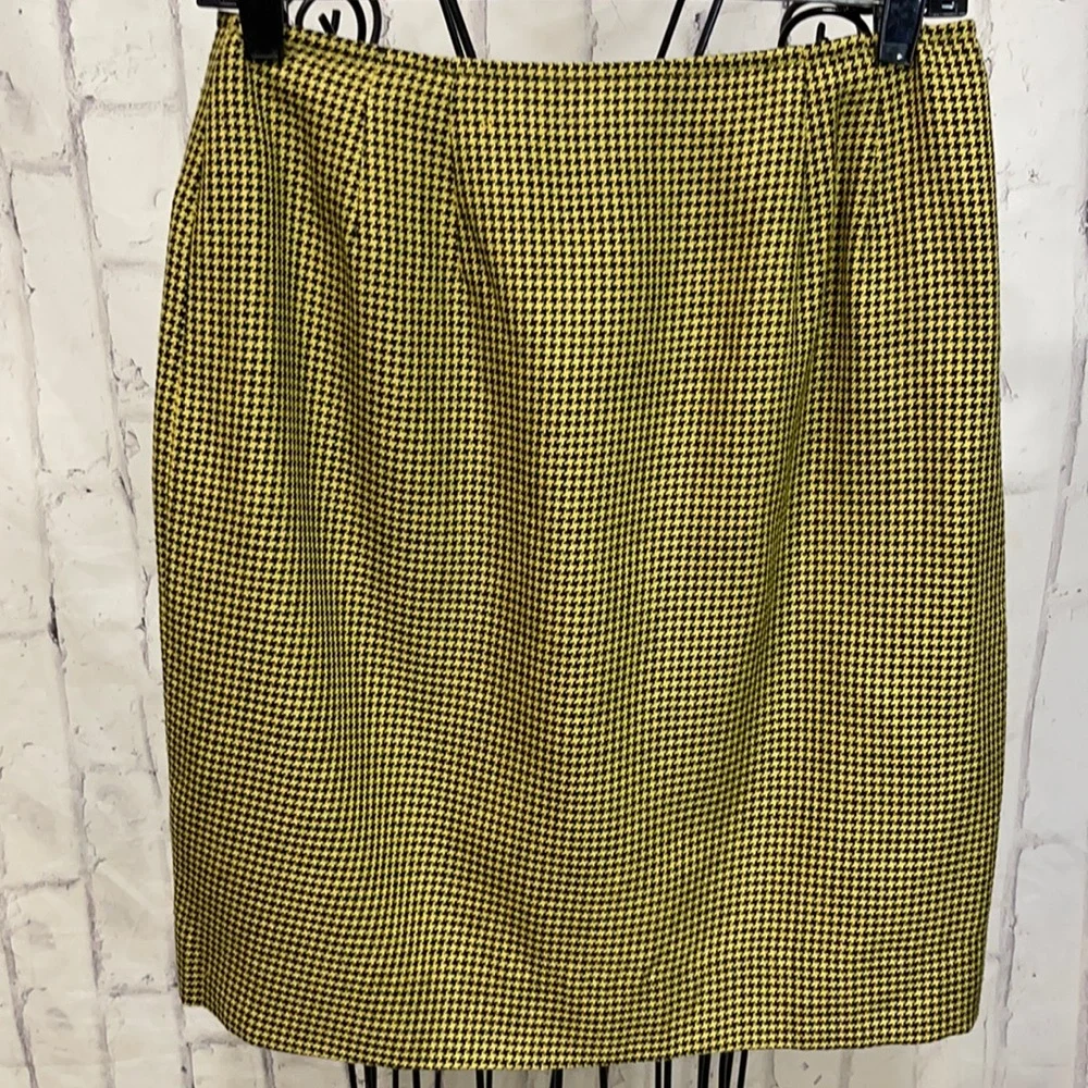 Vintage Taxi Cab Pencil Skirt Yellow & Black Houndstooth Lined Wool/Silk Blend
